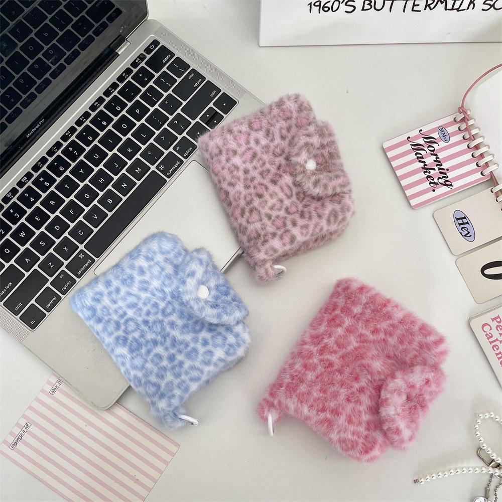 Pink Leopard Print Large Plush Storage Bag with Card Holder