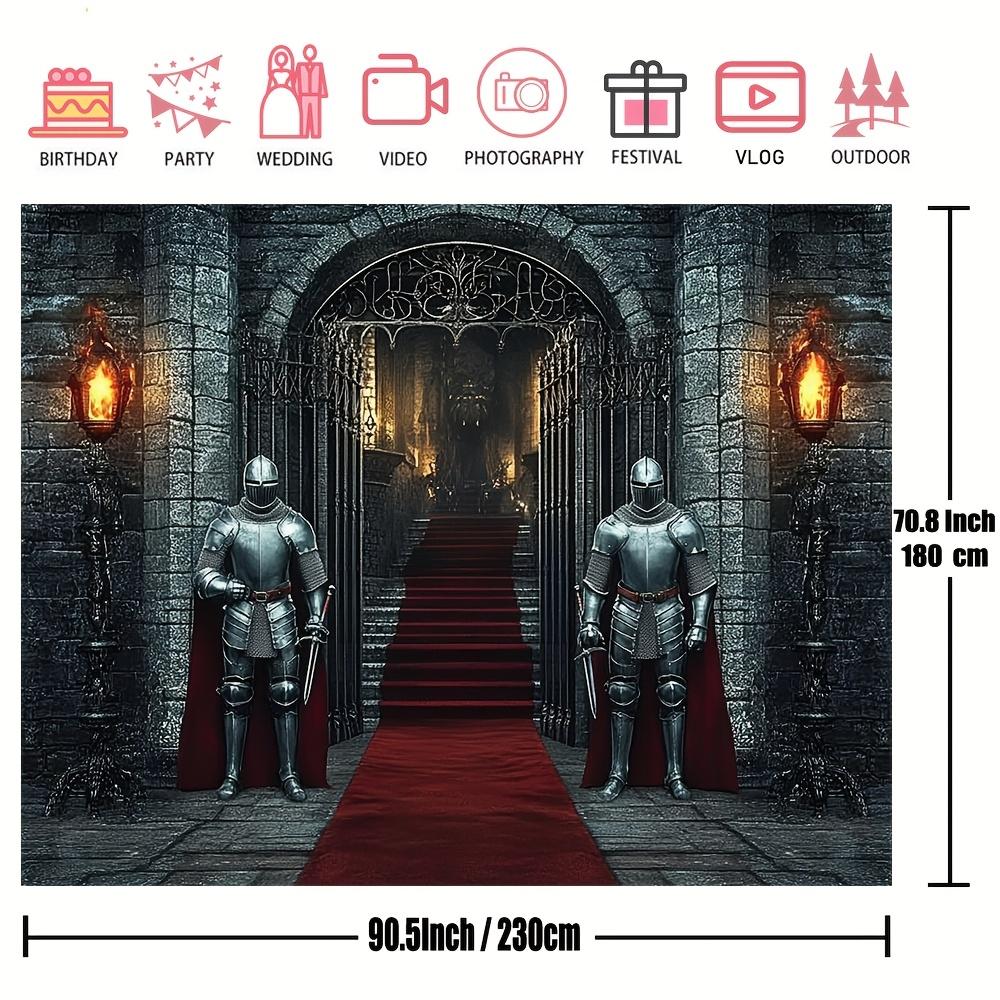 1 piece high-quality polyester Halloween background fabric featuring medieval knight and castle arch design.PMJ