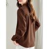 Damen Braunes Langarm Button-Down Hemd Locker Lässig Einfarbig Bluse