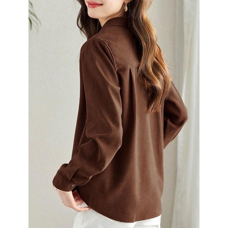 Damen Braunes Langarm Button-Down Hemd Locker Lässig Einfarbig Bluse