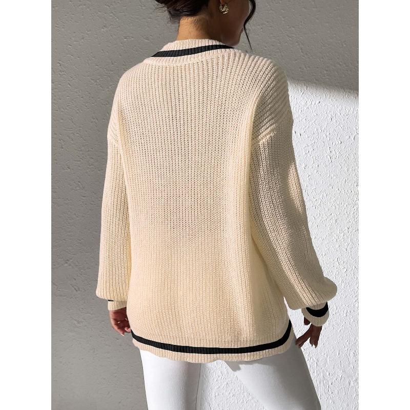 TIFICY Women's Fashion Casual Fall Winter Colour Block Print Long Sleeve V-Neck Sweaters