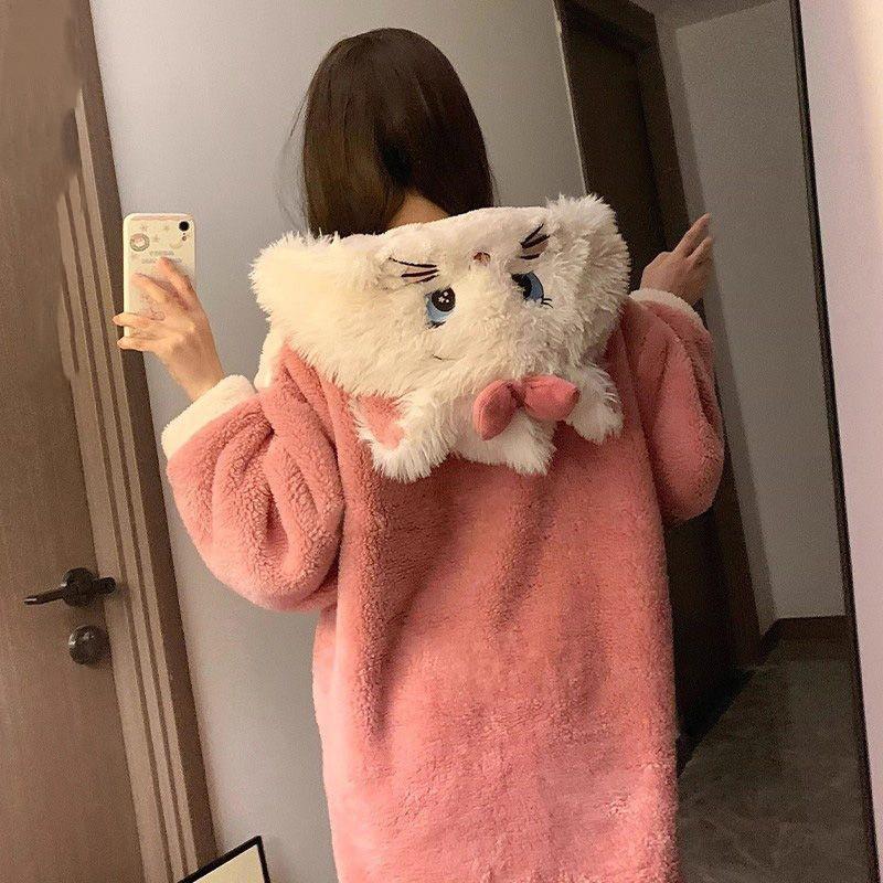 Womens Cute Marie Cat Coral Fleece Robe Winter Thick Warm Home Sleepwear Nightdress