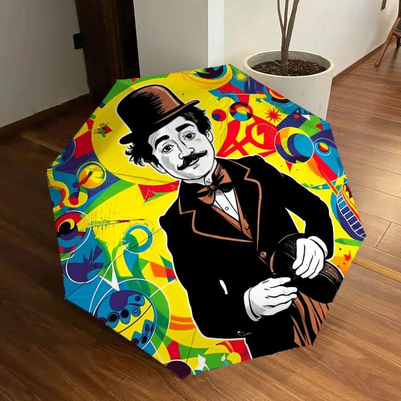 1pz Ombrello Pieghevole Automatico Charlie Chaplin, Design Pieghevole Portatile, Accessorio Casual da Esterno L1127016