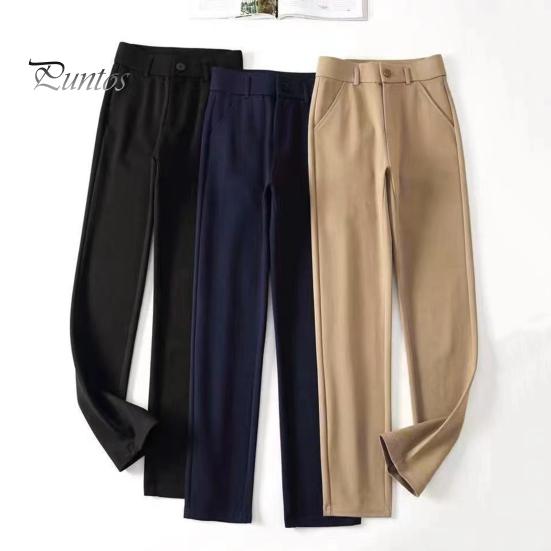 Women Suit Pants High Waist Button Zipper Fly Office Lady Trousers with Pockets Solid Color Slim Fit Straight Leg Trousers