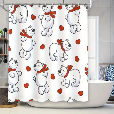 Cortinas de Ducha con Estampado de Animales de Dibujos Animados Lindos Blanco Día de San Valentín Corazones Rojos Patrón de Osito de Peluche Decoración del Hogar Revestimiento de Baño Ducha C