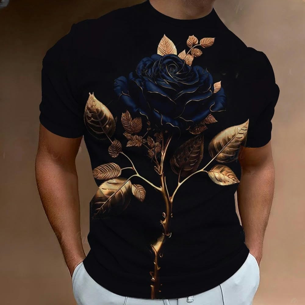 T-Shirt Men Novelty Red Rose 3D Printed Summer Crew Neck Short Sleeve Casual Graphic T Shirts Fashion Oversized Men's Clothing