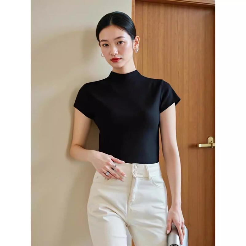 Basic House Women's Slim-Fit Tencel Wool Semi-High Neck Short Sleeve T-Shirt