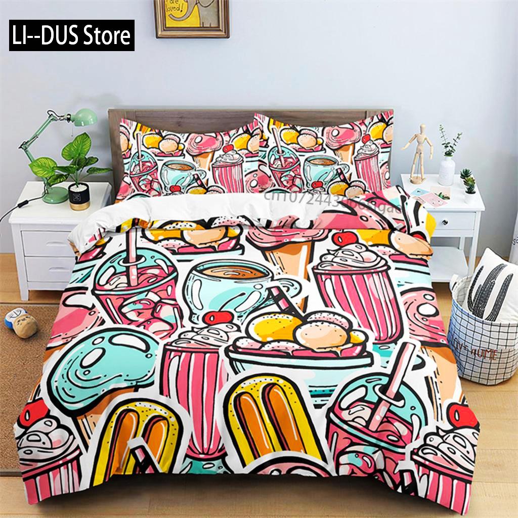 Zestaw pościeli Hamburger Wzór przekąsek Poszwa na kołdrę Twin King Dla dzieci Dorosłych Dekor Mikrofibra 3D Poszwa na kołdrę z pączkiem z poszewkami na poduszki