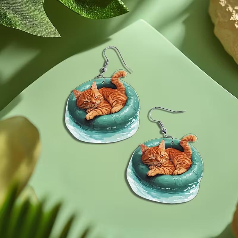 Cute Kitten Acrylic Earrings - 2D Flat Animal Design with Creative Cool Cat Swimming Ring