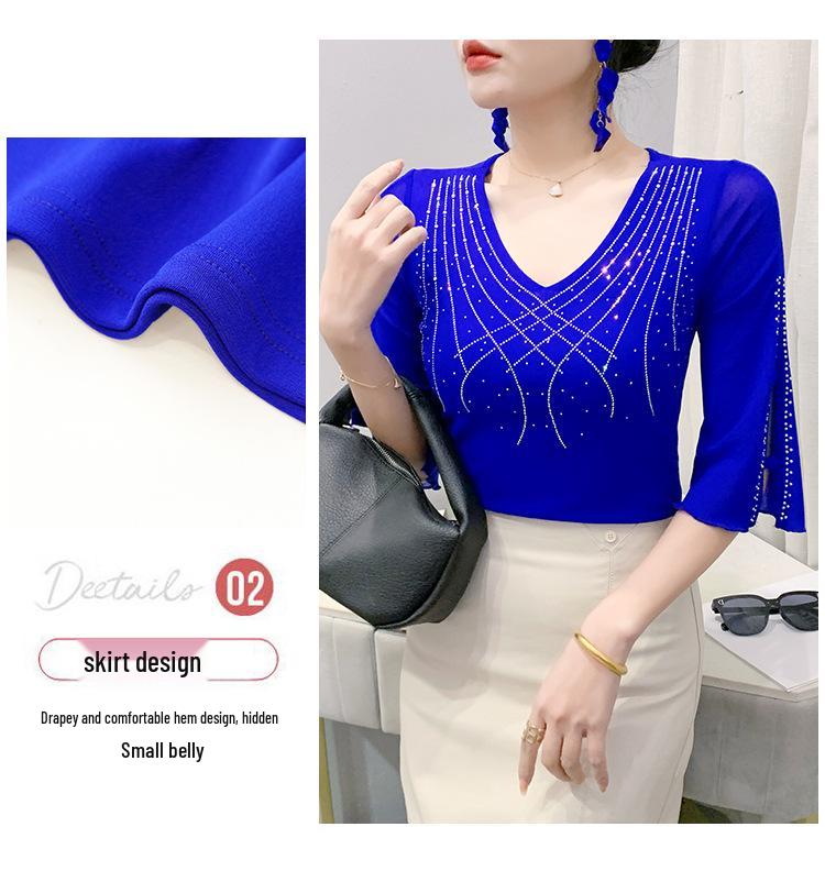 2025 Summer Mesh Diamond Slim Three-Quarter Sleeve Women's Fashion T-Shirt
