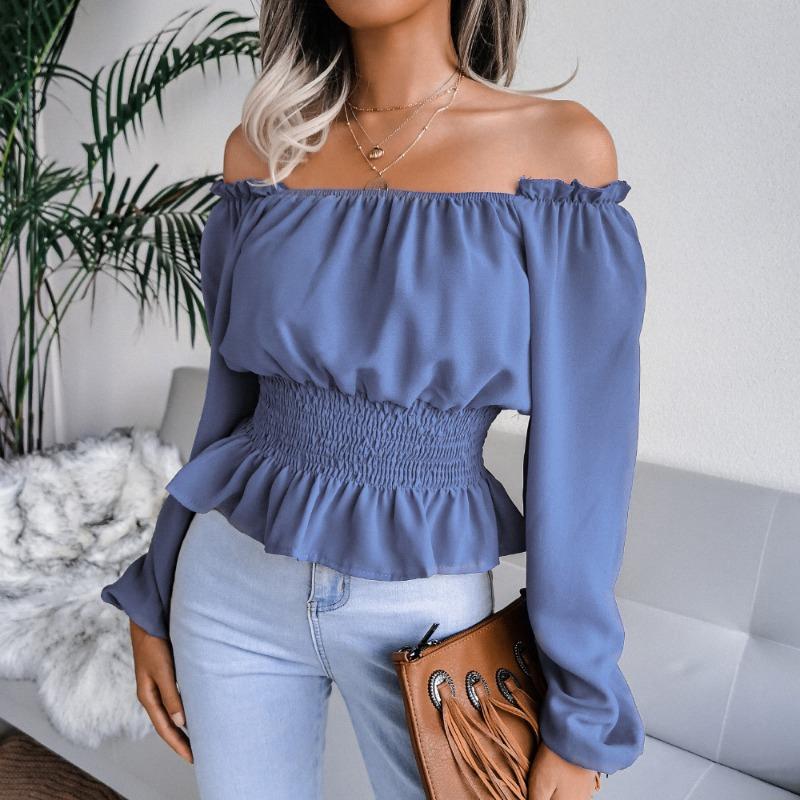 Fashion Elegant Off-shoulder Hem Ruffle Edge Blouse Women Slim Fit Pleated Solid Color Shirt Long Sleeve Casual Simple Short Top Sexy Women's Clothing