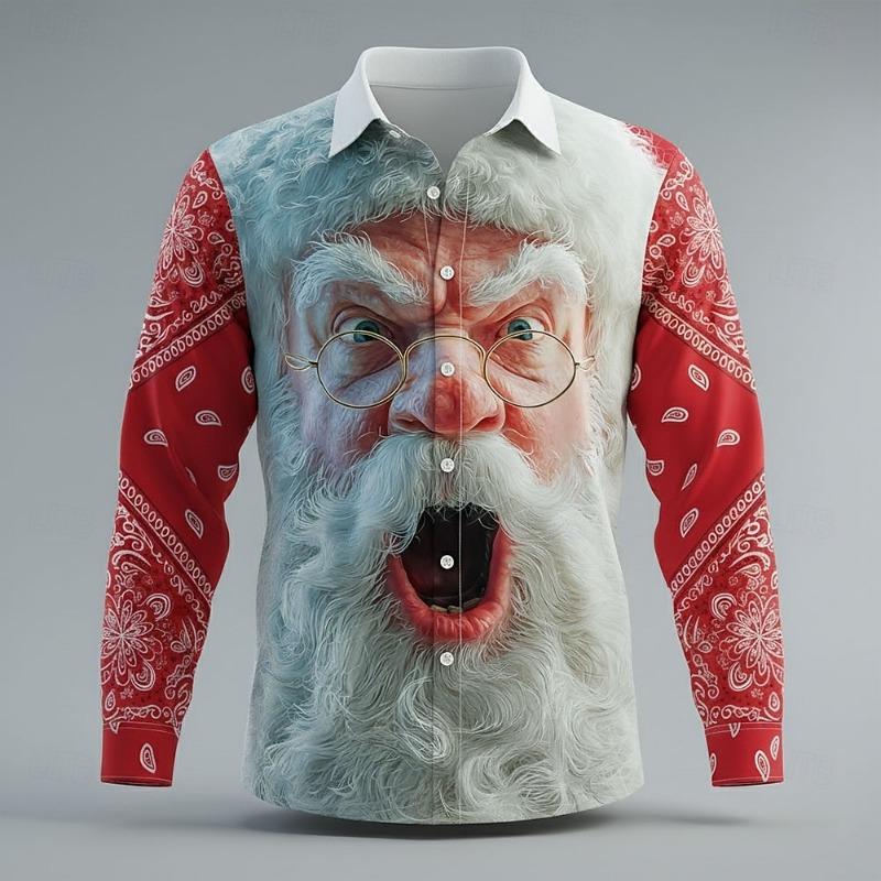 Christmas Men's Long Sleeve 3D Shirt, Santa Claus Grid  Plaid Print, Modern Streetwear Style, 2025 Autumn Winter Casual Top