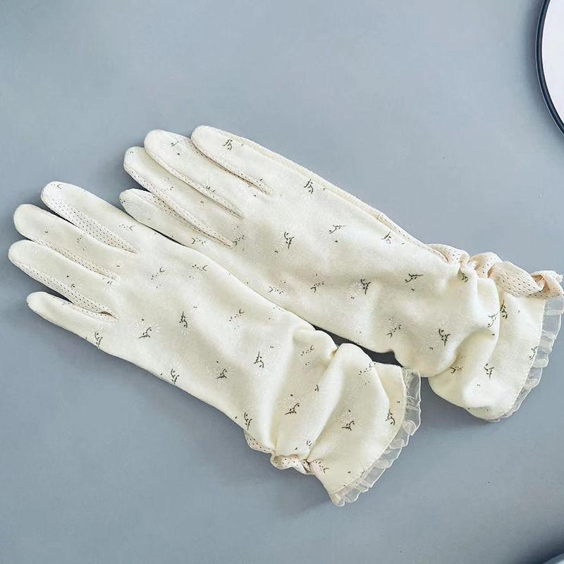 Summer Driving Sun Protection Gloves for Women Short Pure Cotton Thin Medium Long Breathable Anti Slip Floral Pattern