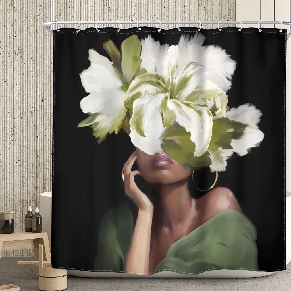 Black Flower Set , African American Vintage, Waterproof Curtain, 12 Hooks, Home Decor