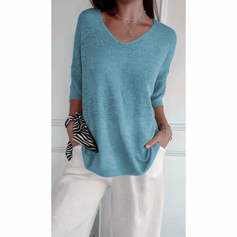 Women's V Neck Half Sleeve Knit Sweater Loose Fit Casual Solid Color Pullover Top