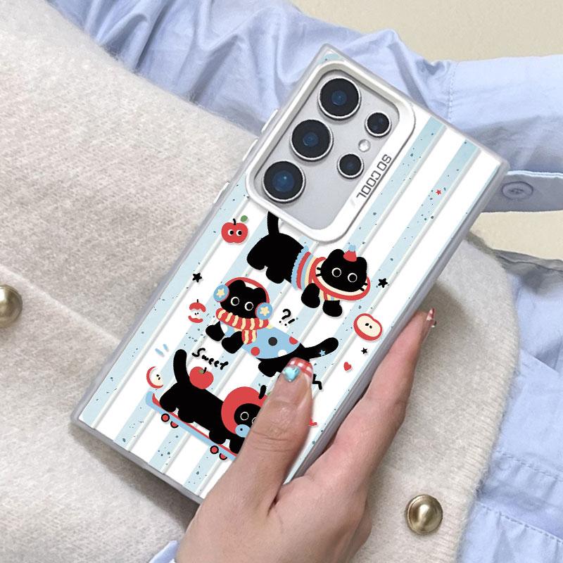 For Samsung Galaxy S25 S22 Ultra Plus S21 FE S24 S23 Ultra Plus FE Laser Phone Case Cartoon Animal Cute Apple Cat Back Covers
