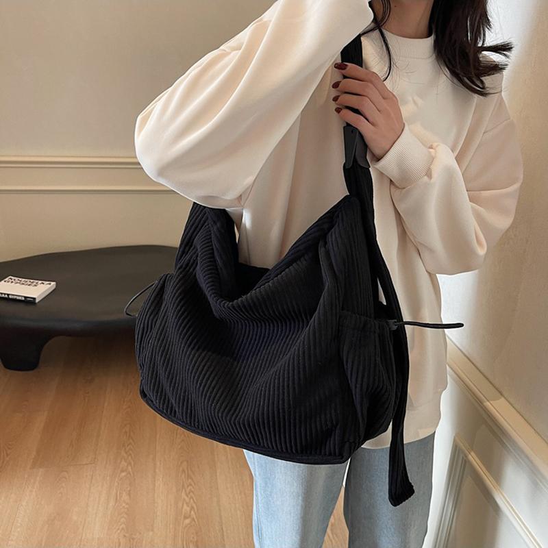 New Fashion Corduroy Women's Large Capacity Shoulder Crossbody Bag Vintage Solid Color Dumpling Hobo Bag for Travel and Daily CLE