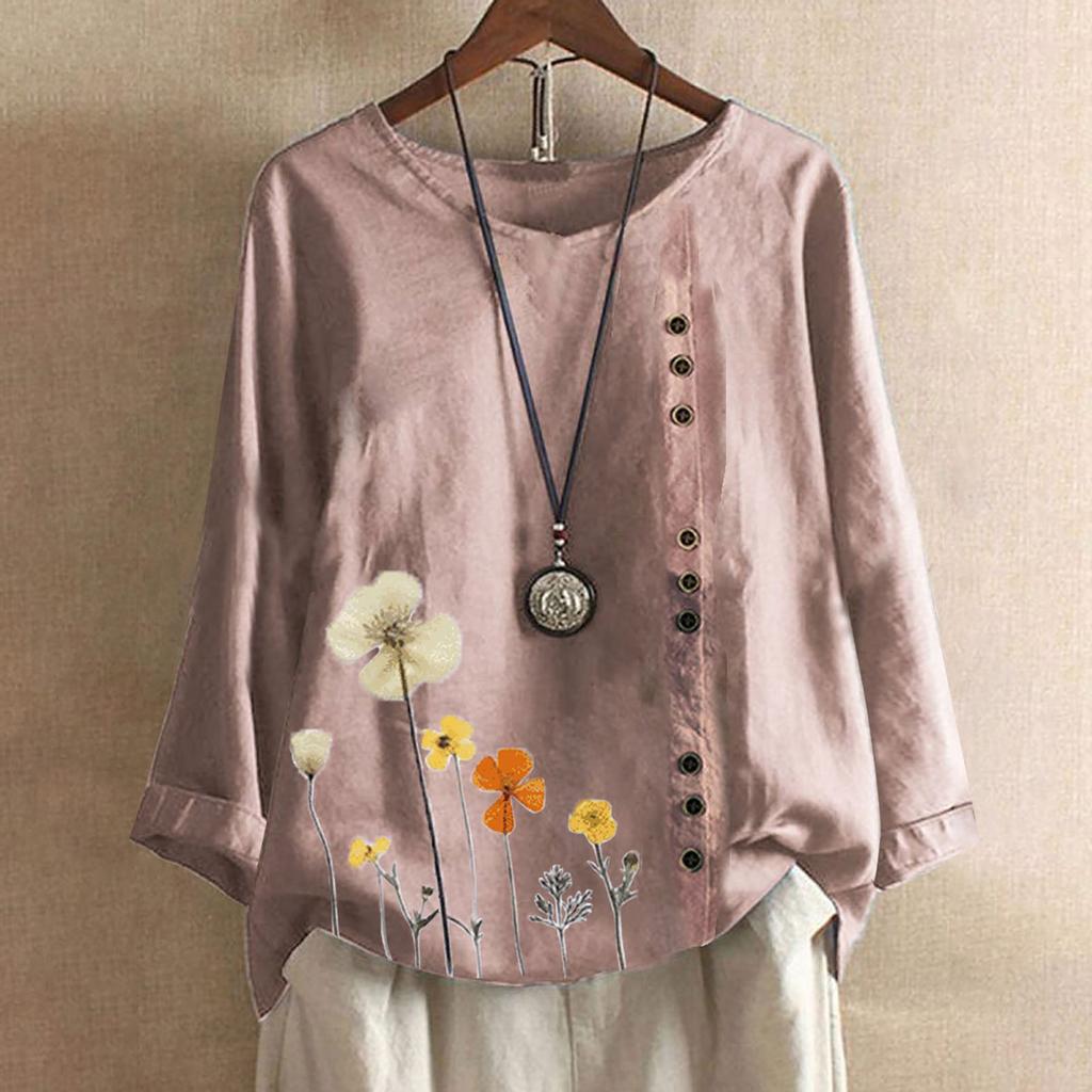 Women Casual Floral Print Long Sleeve Button  Loose T-Shirt Top Blouse