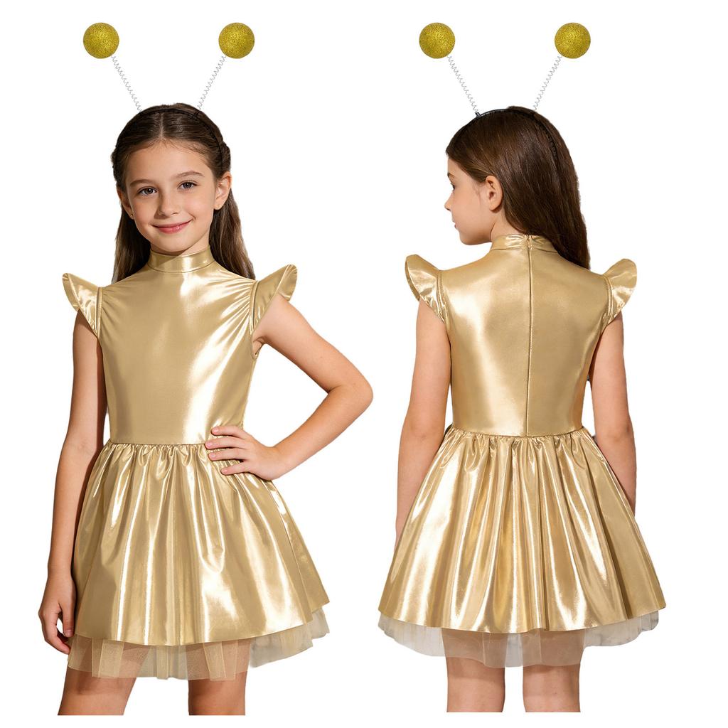 Girls Stage Performance Alien Costume Set: Glossy Mock Neck Dress with Ruffled Tutu & Flying Sleeves, Complete with Hair Hoop