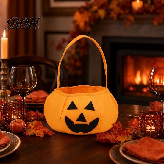 Halloween Party Decoration Pumpkin Candy Bag for Kids, Reusable Non-Woven Trick or Treat Bucket, Bucket Face Snack Holder Basket with Handle