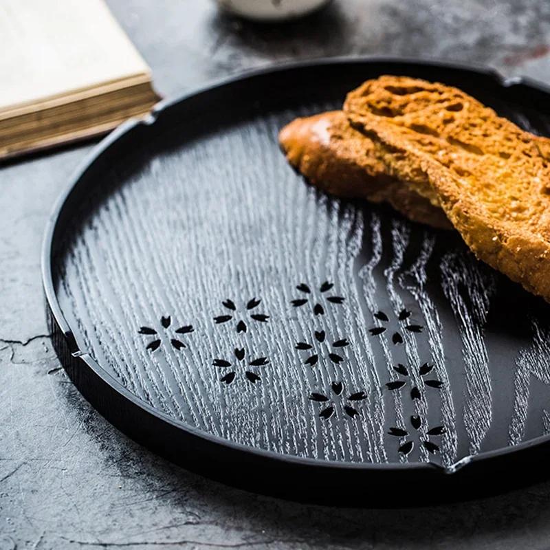 Round Wooden Tray Serving Plate Large Black Coffee Breakfast Serving Platter Dishes Fruit Plate Chinese Tea Tray Wooden Utensils