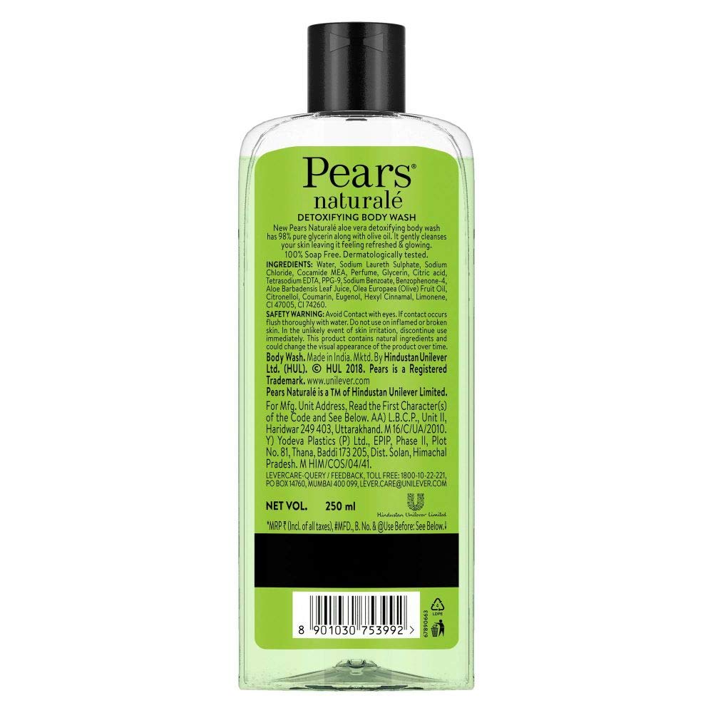 Pears Apa de corp Naturale Detoxifying Aloevera, cu ulei de măsline și aloe vera, fără parabeni, fără săpun, ecologic, testat dermatologic, 250 ml