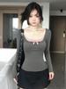 Women's Slim Fit Bow Square Neck T-shirt - Contrast Color, Long Sleeve, Waist Cinched, Sweet and Spicy Style, 260g Cotton Modal.