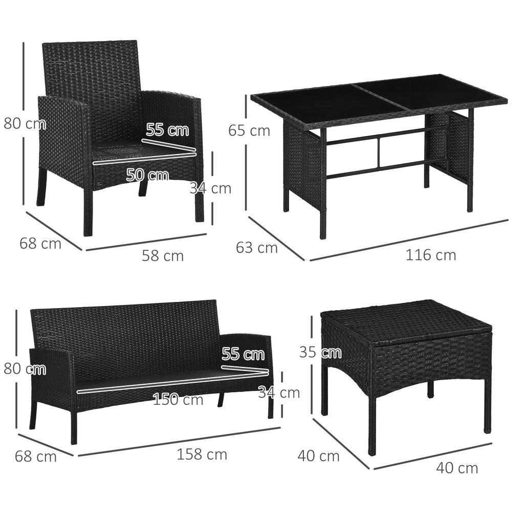 5 Seater Rattan Garden Furniture Set, 6 Piece Garden Sofa Set, Armchairs, 3-Seater Sofa, Footstools, Glass Dining Table, Cushions