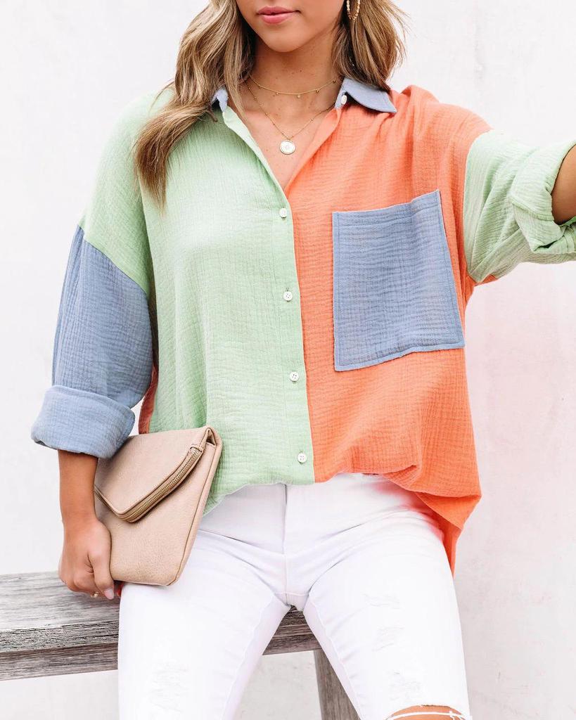 European & American Style Women's Color Block Patchwork Drop Shoulder Long Sleeve Shirt