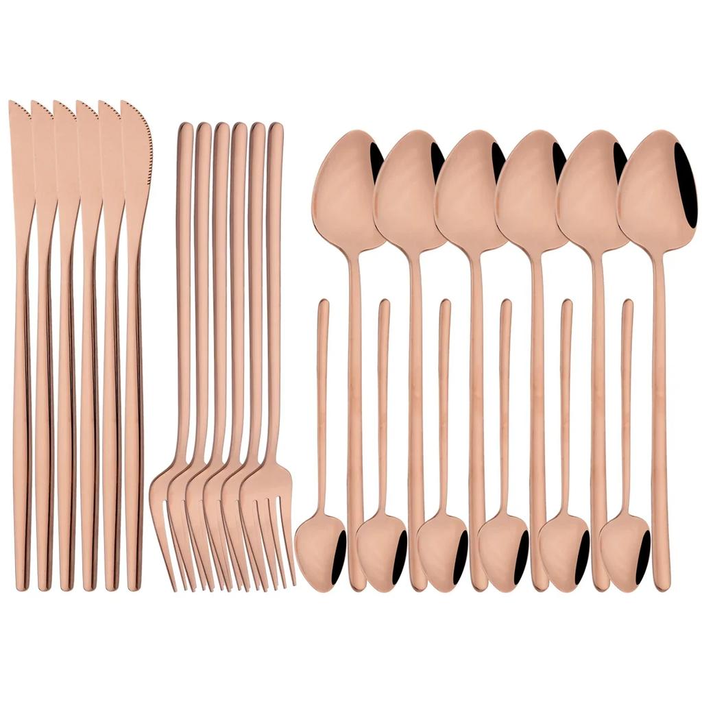 24Pcs Pink Gold Cutlery Set Knife Forks Coffee Spoon Tableware Set Mirror Flatware Stainless Steel Dinnerware Western Silverware