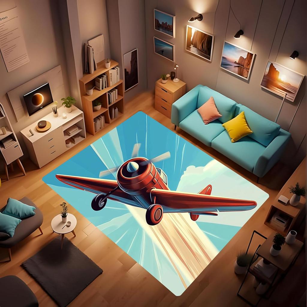 Soft Airplane Area Rug, Area Foldable Rectangular Rug, Cartoon Airplane Print Rug, Washable Rug with Rubber Non-Slip Rug