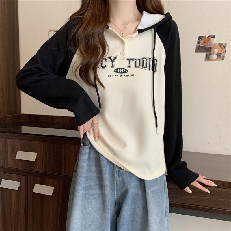 Wind Shot Cotton Hooded Sweater Women's Outfit Autumn and Winter Shoulder Splicing Niche Long Sleeve Top Women's Jacket