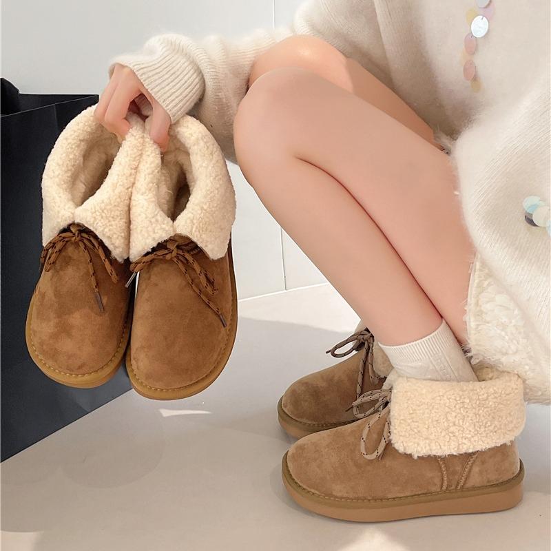 Flip Plush Flat Snow Boots Winter New Round Toe Socket Bow Warm Non-Slip Cotton Boots