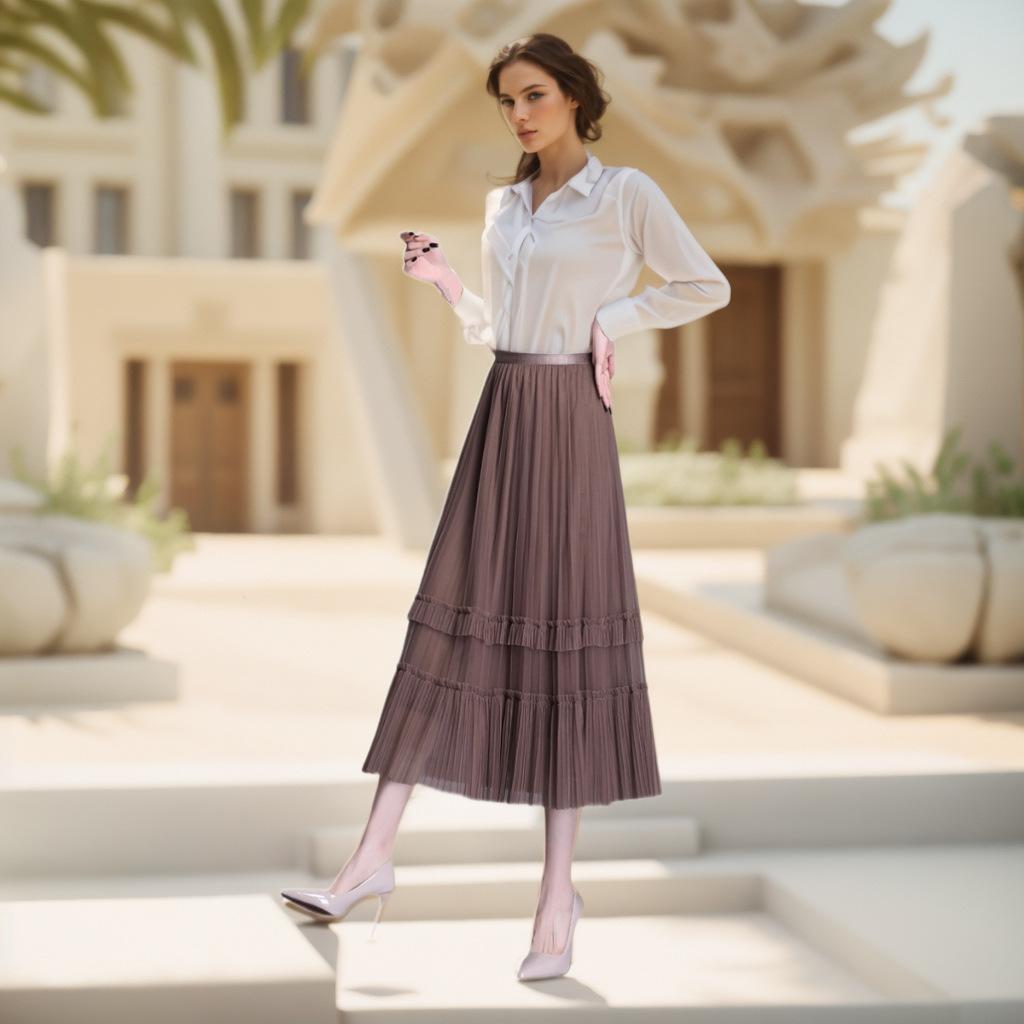 Bust skirt women's spring and autumn high-end pleated long skirt Han Daxiang mesh skirt solid color a word women's drape and thin HD