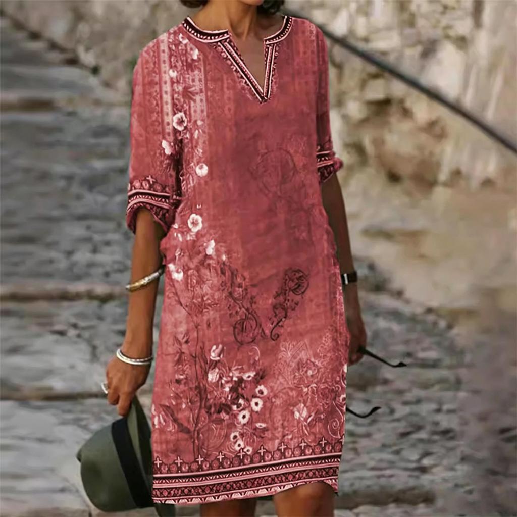 Women's Ethnic Print Casual V Neck Dress Loose Fit Mid Sleeve Knee Length Bohemian Style Summer Dress