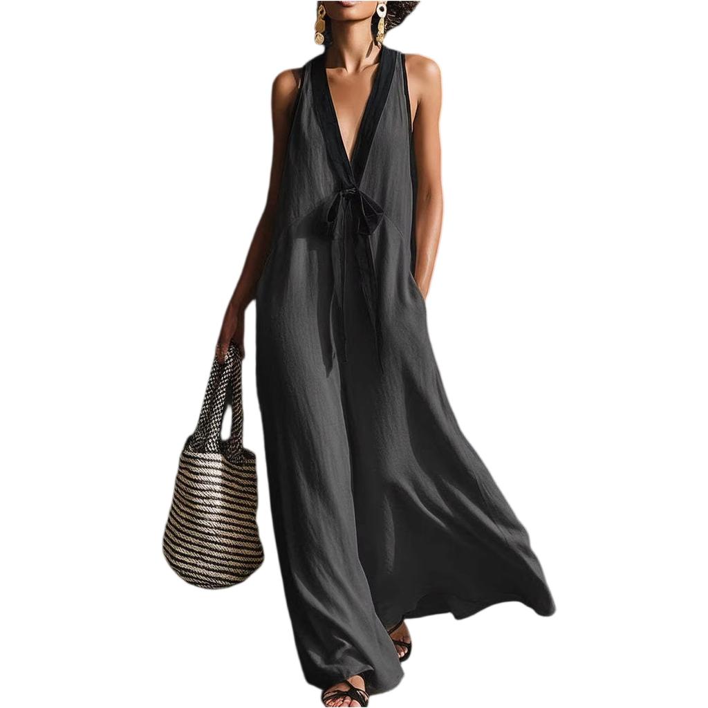 Women Deep V Neck Long Dress Sleeveless Patchwork Design Flowy Casual Elegant Maxi Dress for Daily Wear Beach Holiday