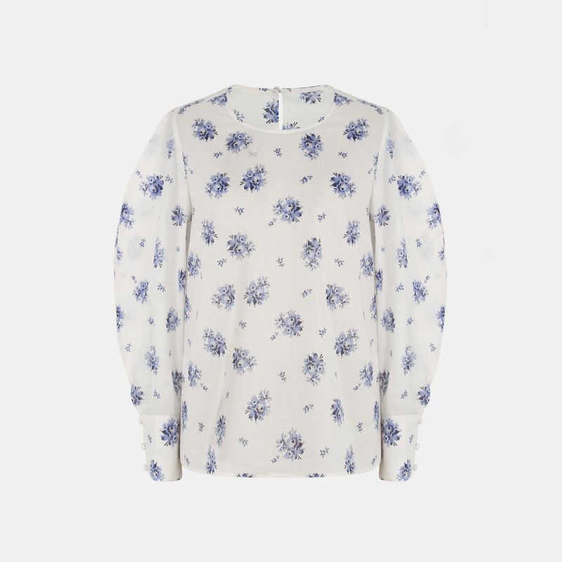 

Blue Rose Plus Size Women s Spring New Arrival French Joker round Neck Retro Loose Tops Puff Sleeve Shirt Broken flowers L