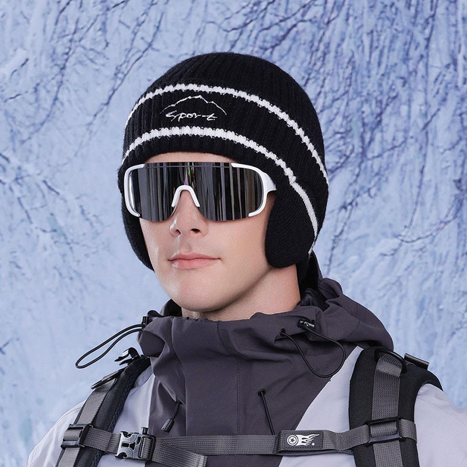Loogdeel Unisex Winter Knitted Cap Windproof Velvet Warm Ear Protection Padded Wool Hat for Outdoor