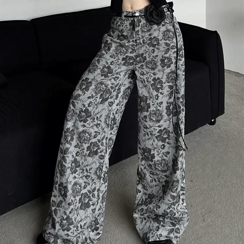 

Ретро джинсы широкого кроя с дизайном розы для женщин, новые уличные, свободные, повседневные брюки для подметания пола M