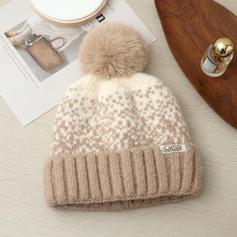 Korean Version of Autumn and Winter Hat for Women with Velvet Rabbit Wool Knitted Hat Wool Ball Cute Wool Hat Ear Protection Warm Pullover Hat