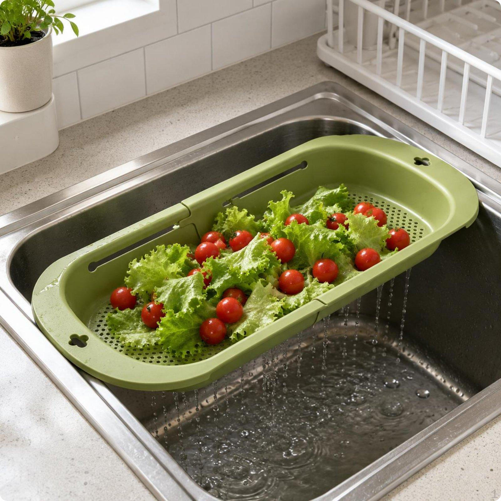 Expandable Sink Basket Adjustable Extendable MultiUse Drain Tray for Food Fruit Green