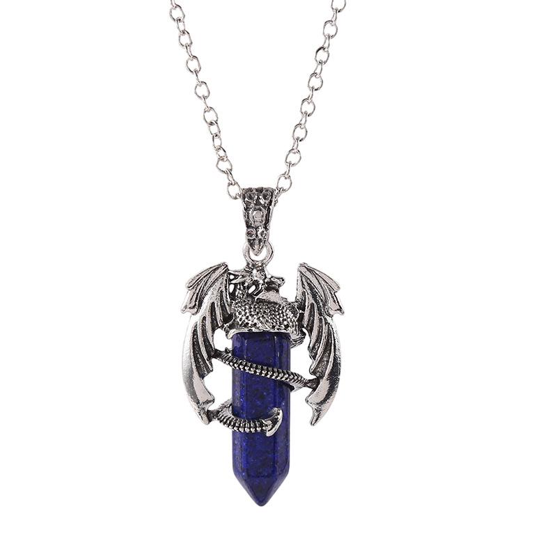 Vintage Flying Dragon Pendant Necklace with Amethyst, Rose Quartz, and Tiger Eye Gems