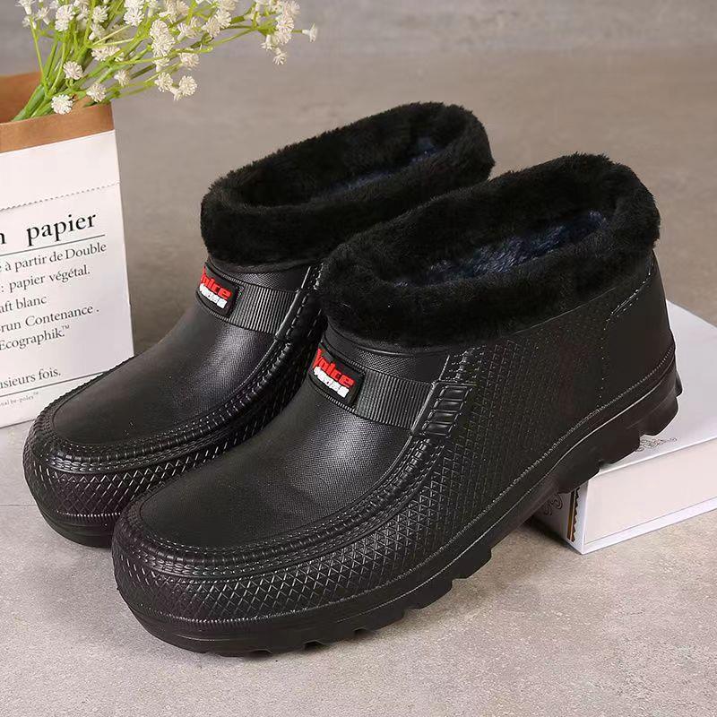 Regenschuhe Herren Kurze Röhrenstiefel Niedrige Spitze Rutschfeste Autowaschwasserschuhe Gummischuhe Wasserdichte Plüschbaumwolle Warmwasserstiefel