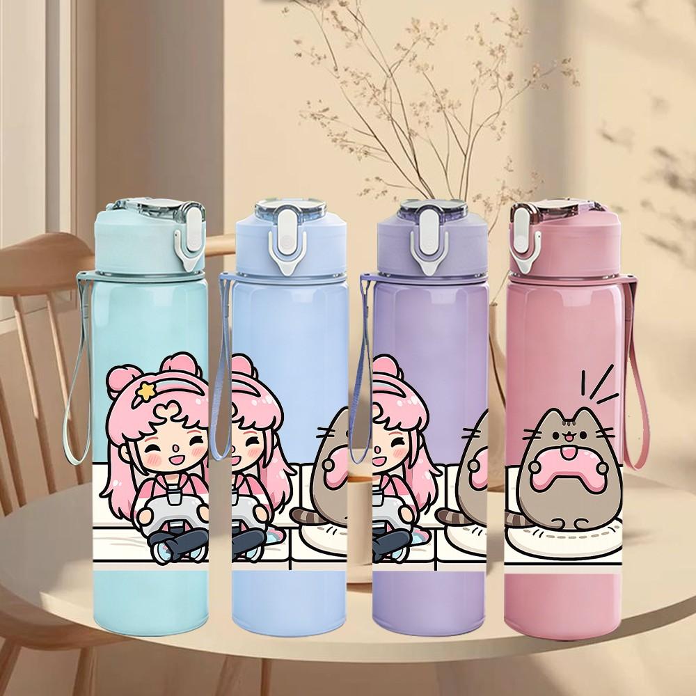 1PC Pink Hair Girl Cute Cat Character Print 750ml Color Plastic Sports Water Bottle Leakproof Flip Straw Lid Suitable for Sports Office Home Use