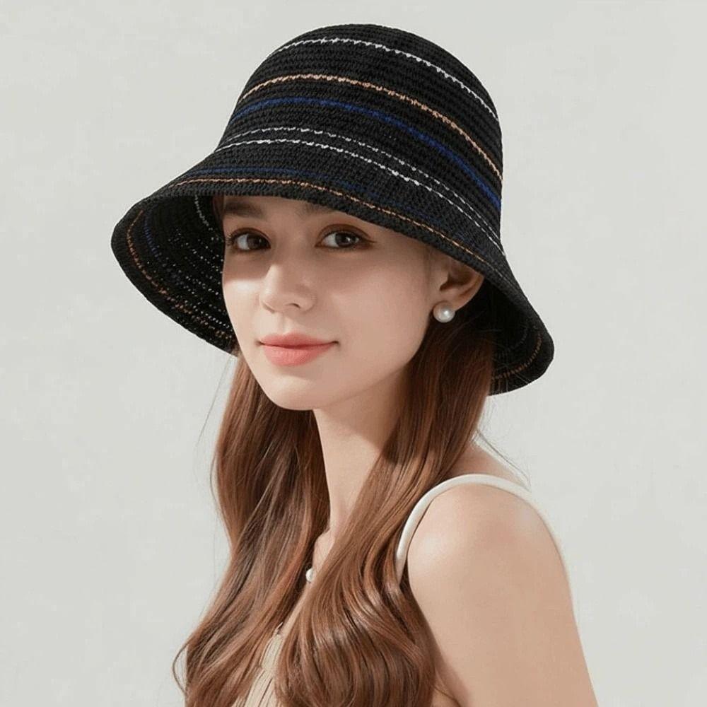 Hollow Out Knitted Bucket Hat Temperament Sun Protection Cap Colorful Striped Fisherman Hat Spring