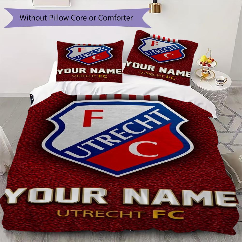 Benutzerdefinierter Name FC Utrecht Muster Bettwäsche Steppdecke Set Steppdecke Bezug Kissenbezug Heimdekoration Geburtstagsgeschenk (1*Bettbezug+2*Kissenbezug ohne Füllung)