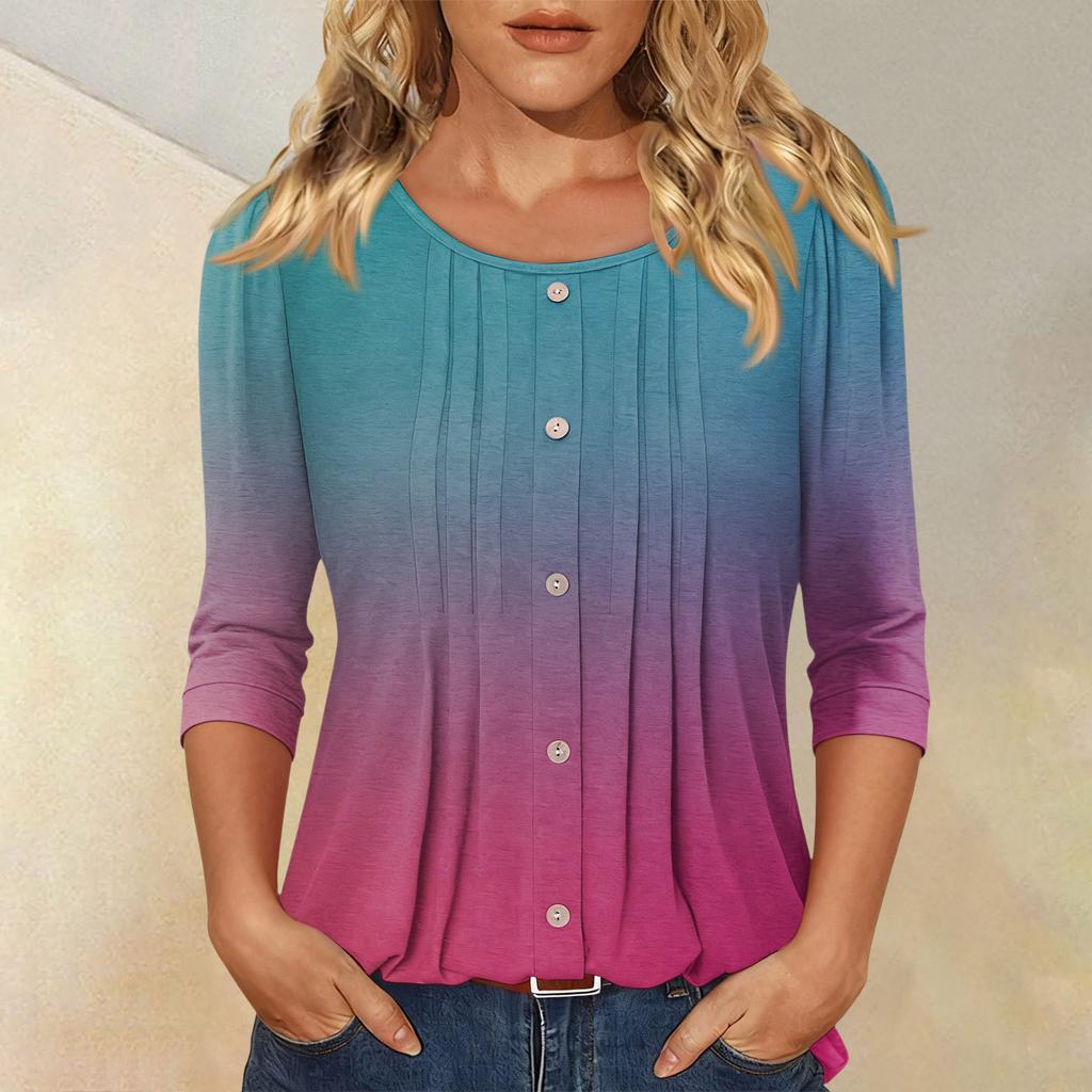 Women's Fashionable Casual Three-quarter Sleeve Button Gradient Round Neck Top