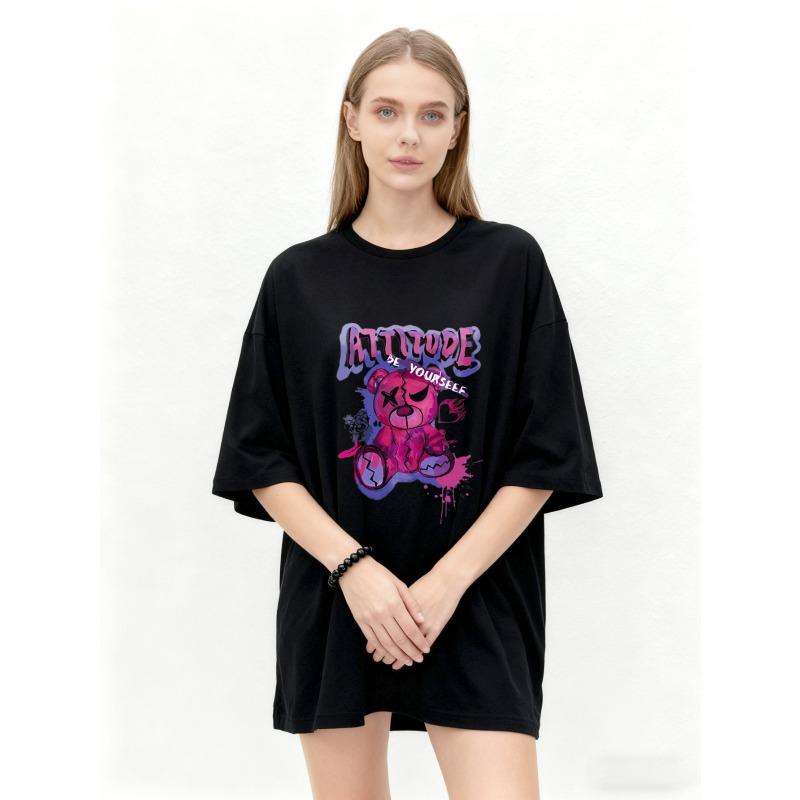 Oversized T Shirt Black Attitude Be Yourself Bear Graffiti Print Casual Streetwear Fashion Women Summer Top