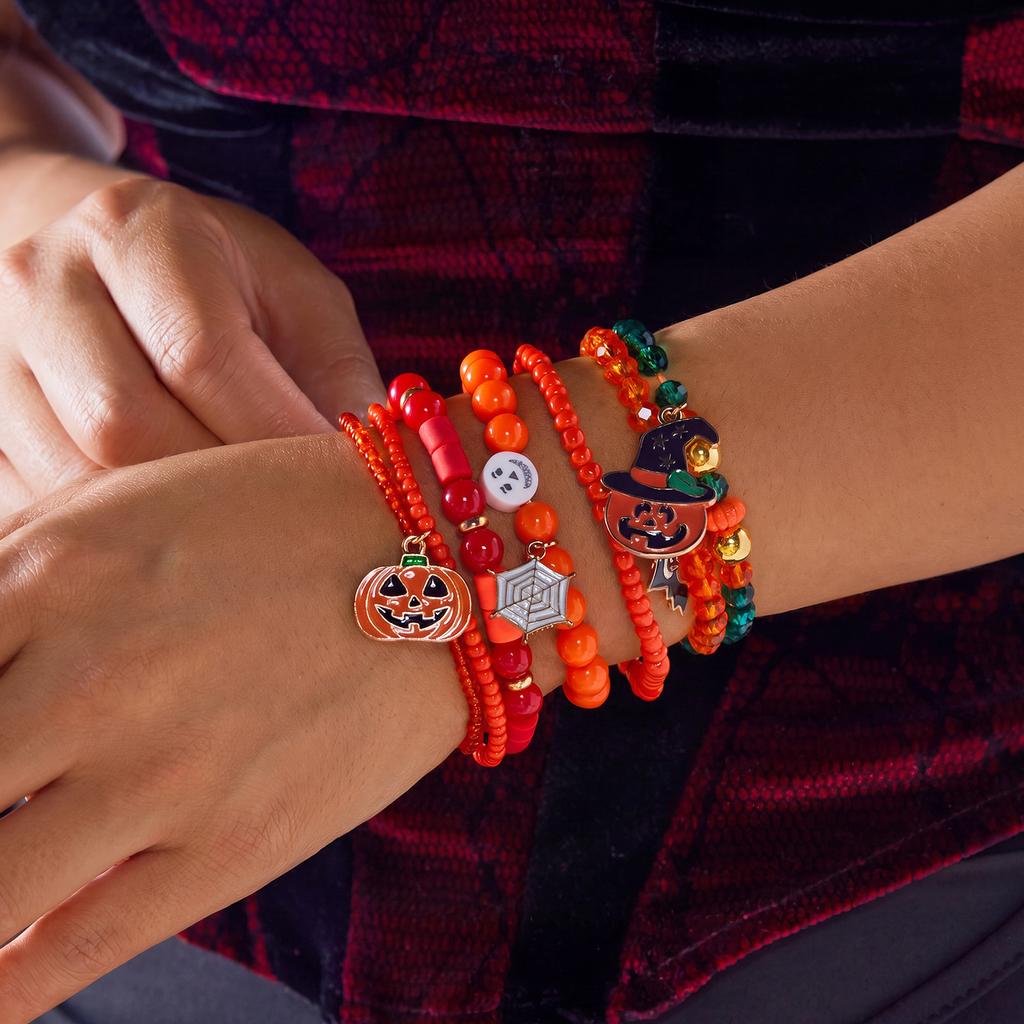 Halloween Spider Bat Multi-layer Stacked Bracelets Set for Women Pumpkin Boo Rice Beaded Bracelets Party Festival Jewelry Gifts