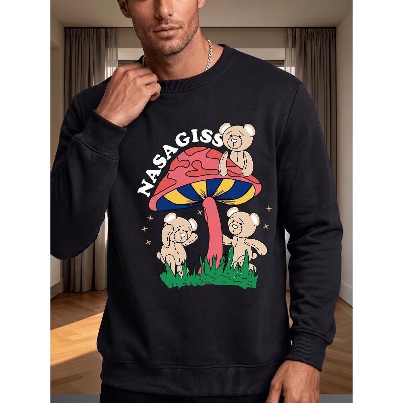 Men'S Round Neck Pullover Sweatshirt, Cartoon Bear Mushroom Letter Print Top, Loose Casual Long Sleeve Streetwear Men'S Clothing NS3054